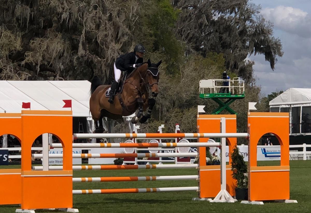 A competitor in a show-jumping competition guides his horse around the course in Ocala, Fla., on March 8, 2020. (Nanette Holt/The Epoch Times)