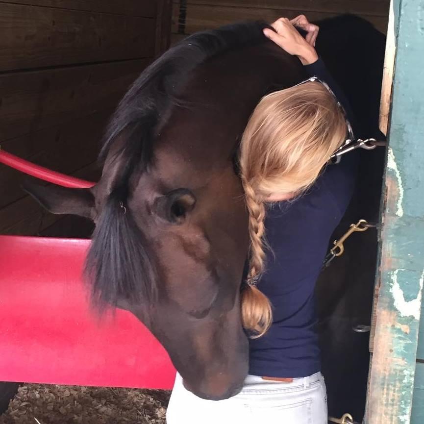 Megan Zwaans shares a hug with racehorse-in-need-of-rescue, War, as she considers him for intake at a South Florida non-profit after a career-ending leg injury. (Courtesy of Megan Zwaans)