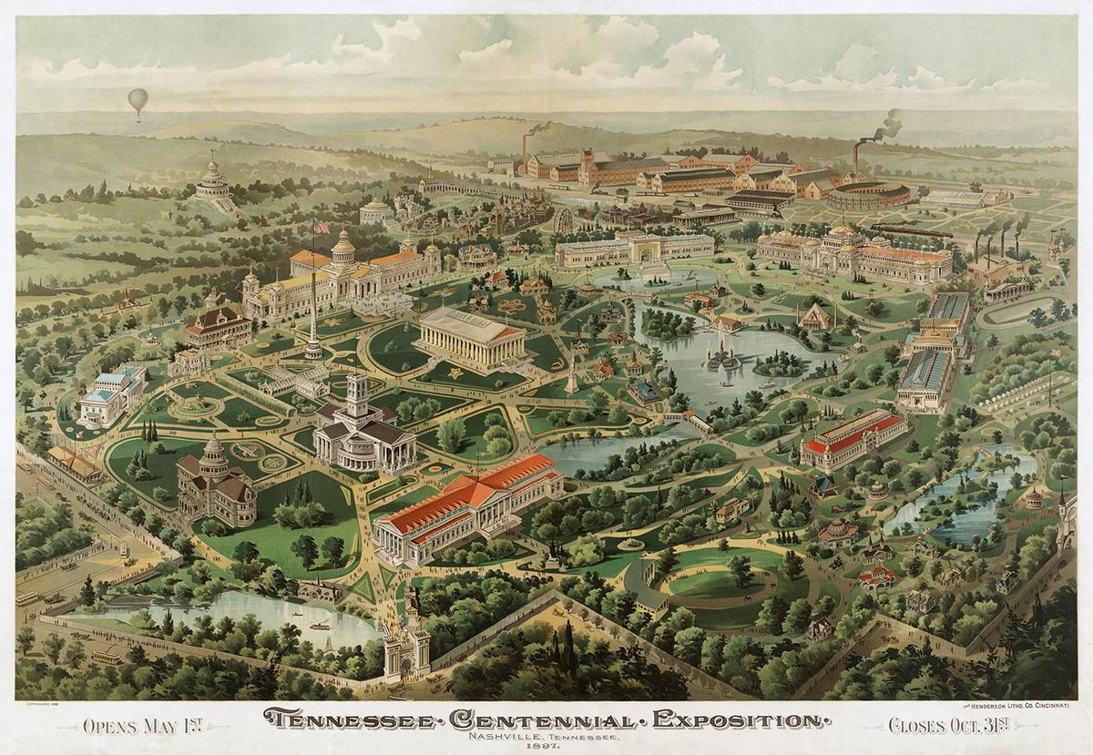 A print shows a bird's-eye view of the Tennessee Centennial Exposition's grounds and buildings. Library of Congress. (Public Domain)