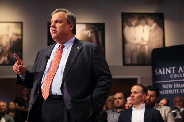 Former New Jersey Gov. Chris Christie speaks at a town-hall-style event at the New Hampshire Institute of Politics at Saint Anselm College in Manchester, N.H., on June 6, 2023. (Michael M. Santiago/Getty Images)