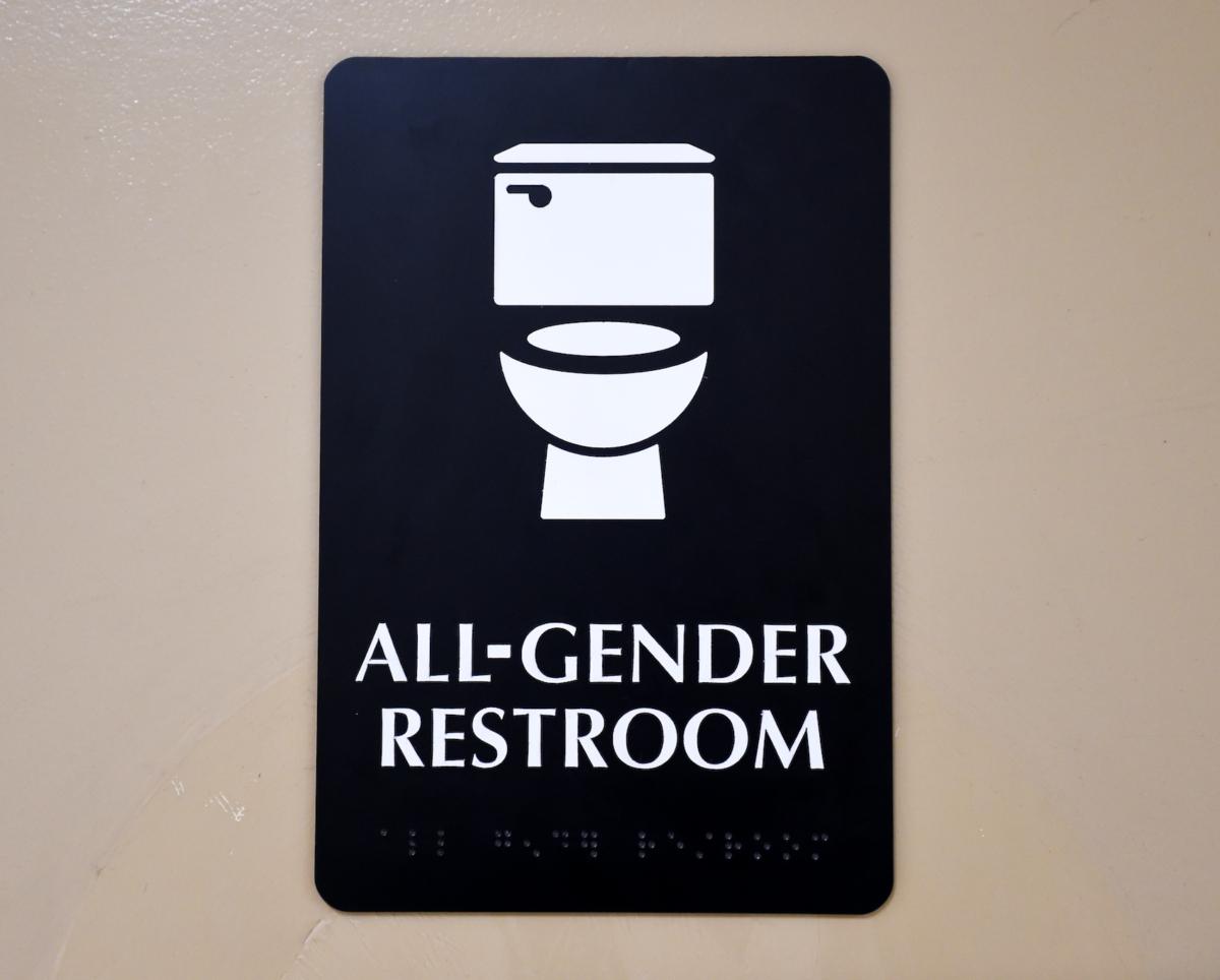 A sign outside the Santee High School's gender-neutral restrooms at their campus in Los Angeles, Calif., on May 4, 2016. (Mark Ralston/AFP via Getty Images)