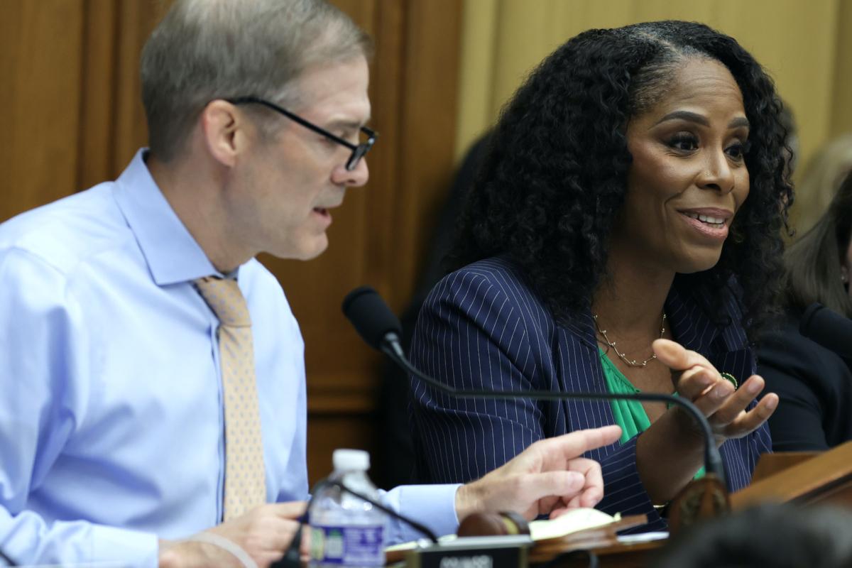 Ranking member Rep. Stacey Plaskett (D-V.I.), right, debates with Chairman Rep. Jim Jordan (R-Ohio), left, during a hearing before the Select Subcommittee on the Weaponization of the Federal Government of the House Judiciary Committee at Rayburn House Office Building, Capitol Hill in Washington on May 18, 2023. (Alex Wong/Getty Images)