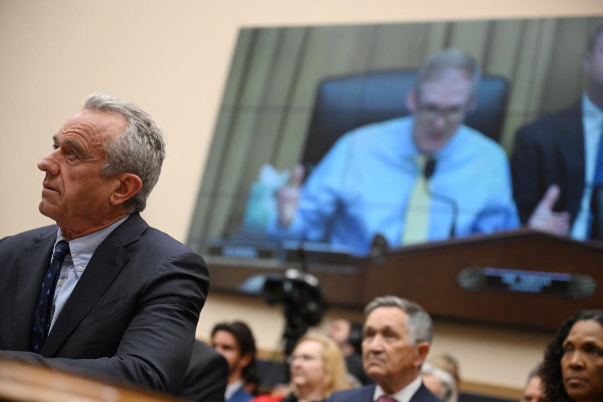 Robert Kennedy Jr., 2024 Presidential hopeful, listens to Representative and Chairman Jim Jordan (on screen) before testifying at the "Weaponization of the Federal Government" hearing on Capitol Hill in Washington on July 20, 2023. (Jim Watson/AFP via Getty Images)