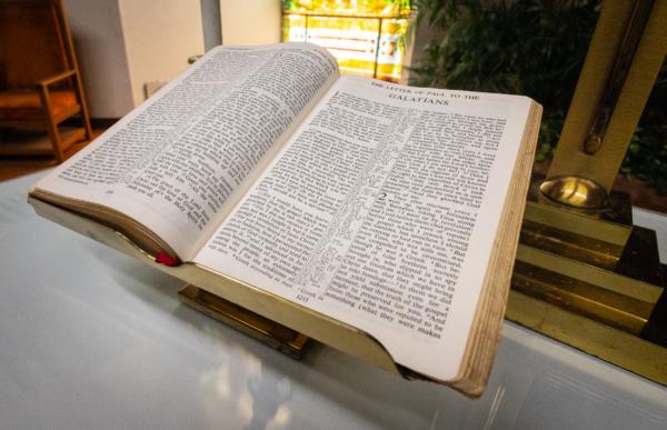 A bible sits in Surf City Church in Huntington Beach, Calif., on July 20, 2023. (John Fredricks/The Epoch Times)