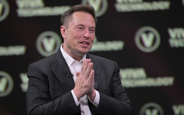 Elon Musk speaks during his visit at the Vivatech technology startups and innovation fair at the Porte de Versailles exhibition center in Paris on June 16, 2023. (Alain Jocard/AFP via Getty Images)