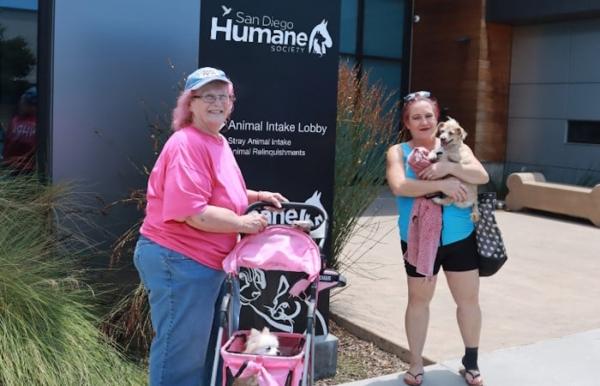 Owner Debbie Ferris reunites with dog "Ryder" along with Ryder's "aunt," Darlene Hardee, and his best dog friend, Blondie, at the San Diego Humane Society on July 21, 2023. (Courtesy of San Diego Humane Society)