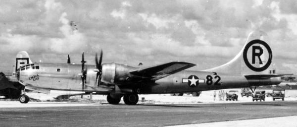 Enola Gay after Hiroshima mission, entering hardstand. It is in its 6th Bombardment Group livery, with victor number 82 visible on fuselage just forward of the tail fin. (Public Domain)
