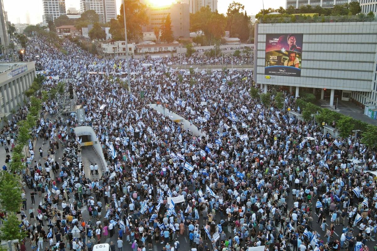 Conservative protesters backing the Israeli government and its reform plans rally in Tel Aviv, Israel, on July 23, 2023. (Jack Guez/AFP via Getty Images)