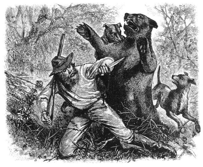 An illustration of Glass and the legendary bear attack that occurred along the banks of the Grand River in the summer of 1823. (Public Domain)