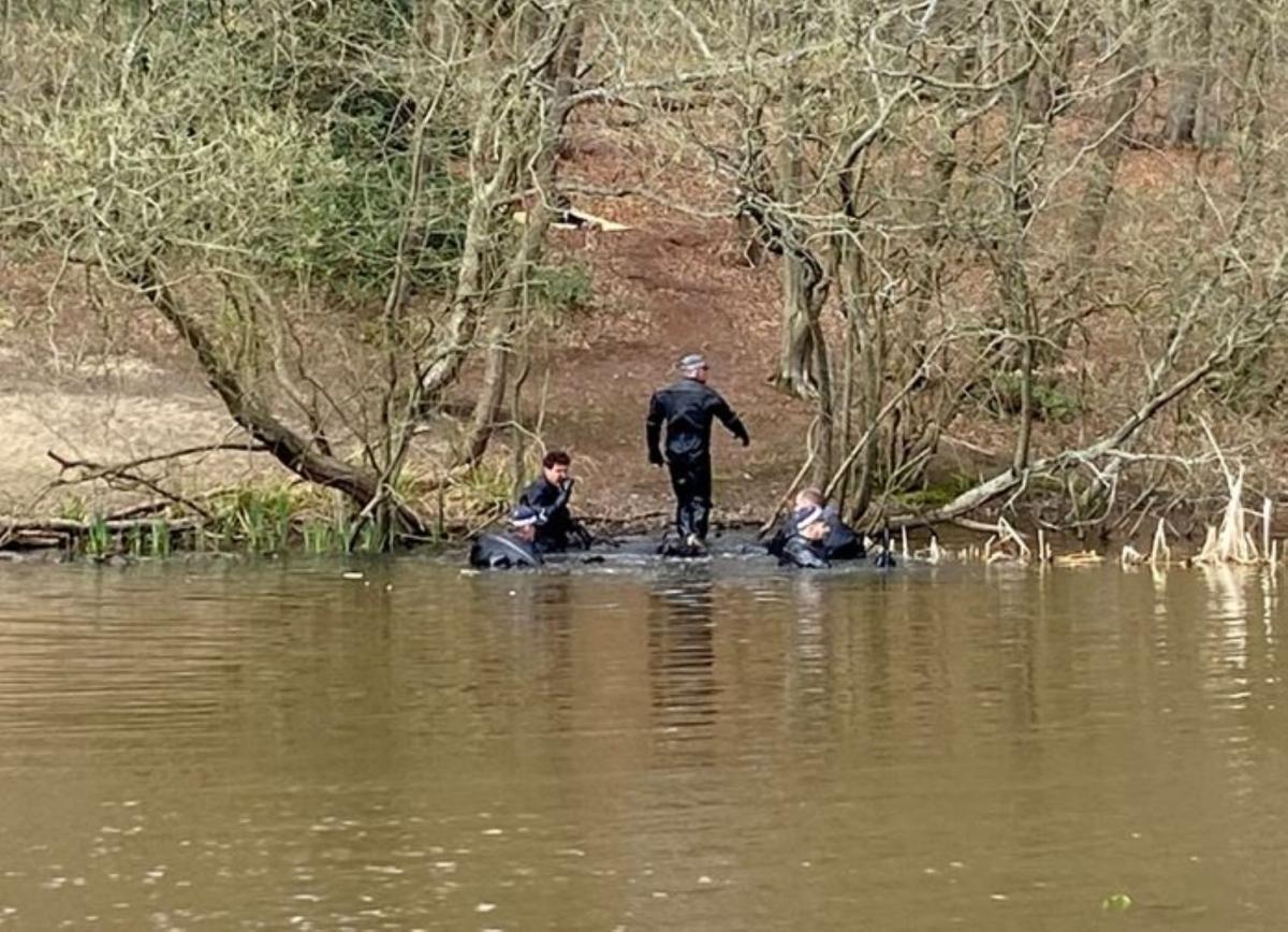 Police divers searching for Richard Okorogheye in Epping Forest, Essex, on April 4, 2021. (Metropolitan Police)