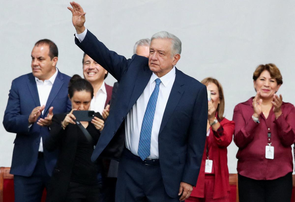 Mexican President Andrés Manuel López Obrador gestures during an event at the Zocalo square to mark the fifth anniversary of his election victory, in Mexico City on July 1, 2023. (Henry Romero/Reuters)