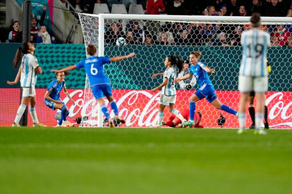 Italy's Cristiana Girelli, right, scores her side's first goal during the Women's World Cup Group G soccer match between Italy and Argentina at Eden Park in Auckland, New Zealand on July 24, 2023. (Abbie Parr/AP Photo)