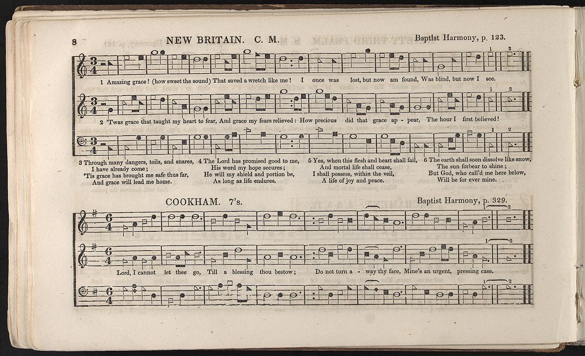 "New Britain" (Amazing Grace) in "The Southern Harmony, and Musical Companion," 1847, by William Walker. Library of Congress. (Public Domain)