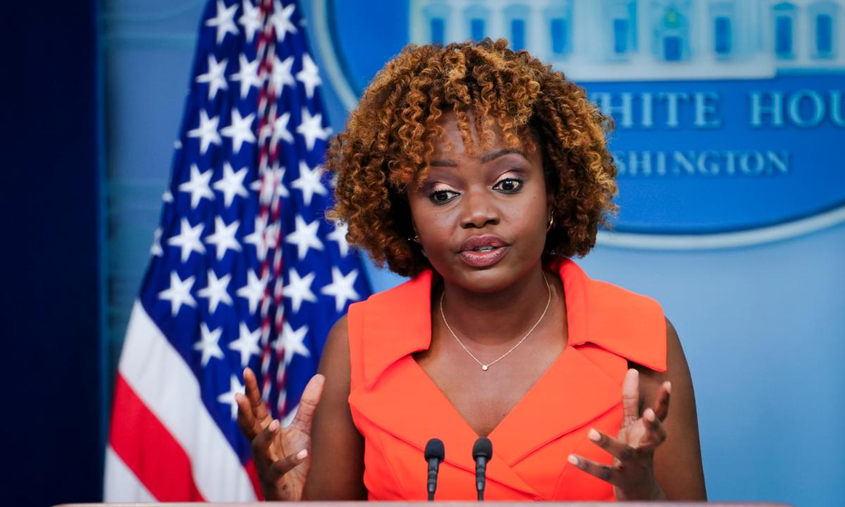White House press secretary Karine Jean-Pierre speaks during a press briefing at the White House in Washington on July 28, 2023. (Madalina Vasiliu/The Epoch Times)