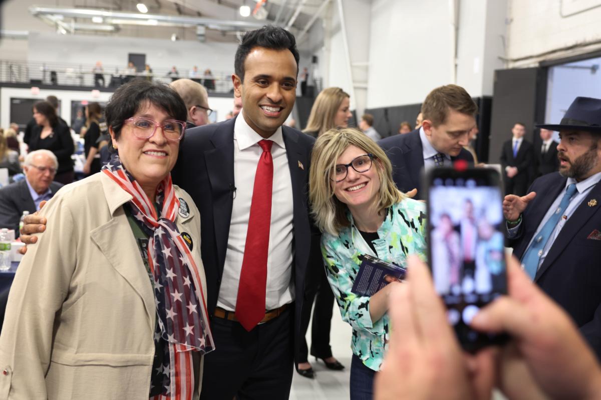 Republican presidential candidate businessman Vivek Ramaswamy greets guests at the Iowa Faith & Freedom Coalition Spring Kick-Off in Clive, Iowa, on April 22, 2023. (Scott Olson/Getty Images)