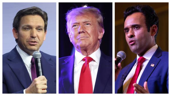 (Left-to-right) Florida Gov. Ron DeSantis, former President Donald Trump, and Vivek Ramaswamy speak during the Vision 2024 National Conservative Forum at the Charleston Area Convention Center in Charleston, S.C., on March 18, 2023. (Scott Olson/Getty Images; Mario Tama/Getty Images; Logan Cyrus/AFP via Getty Images)