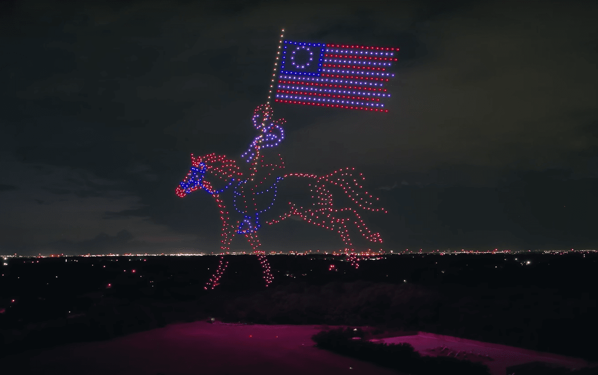 An animated drone display of American history from Sky Elements's Fourth of July show. (Courtesy of <a href="https://www.youtube.com/@SkyElementsDroneShows">Sky Elements Drone Shows</a>)