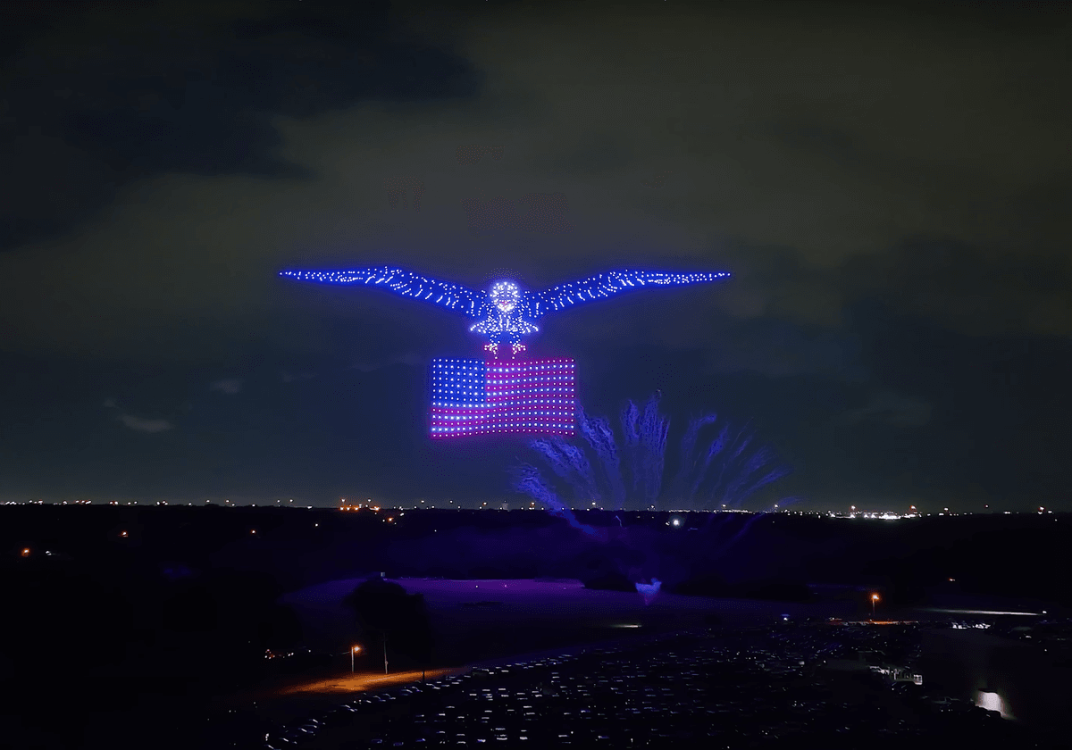 A 700-foot wide bald eagle with flapping wings holding the American flag. (Courtesy of <a href="https://www.youtube.com/@SkyElementsDroneShows">Sky Elements Drone Shows</a>)