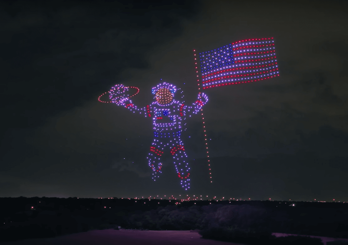 An astronaut waving his hand was part of Sky Elements's Fourth of July show. (Courtesy of <a href="https://www.youtube.com/@SkyElementsDroneShows">Sky Elements Drone Shows</a>)