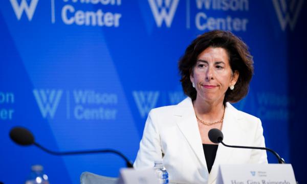 Secretary of Commerce Gina Raimondo speaks during a conference about the Indo-Pacific Economic Framework at the Wilson Center in Washington on July 25, 2023. (Madalina Vasiliu/The Epoch Times)