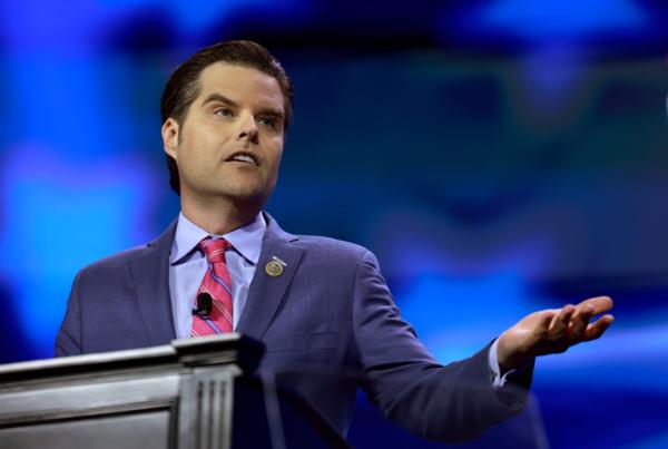 Rep. Matt Gaetz (R-Fla.) speaks during the Turning Point Action conference in West Palm Beach, Fla., on July 15, 2023. (Joe Raedle/Getty Images)