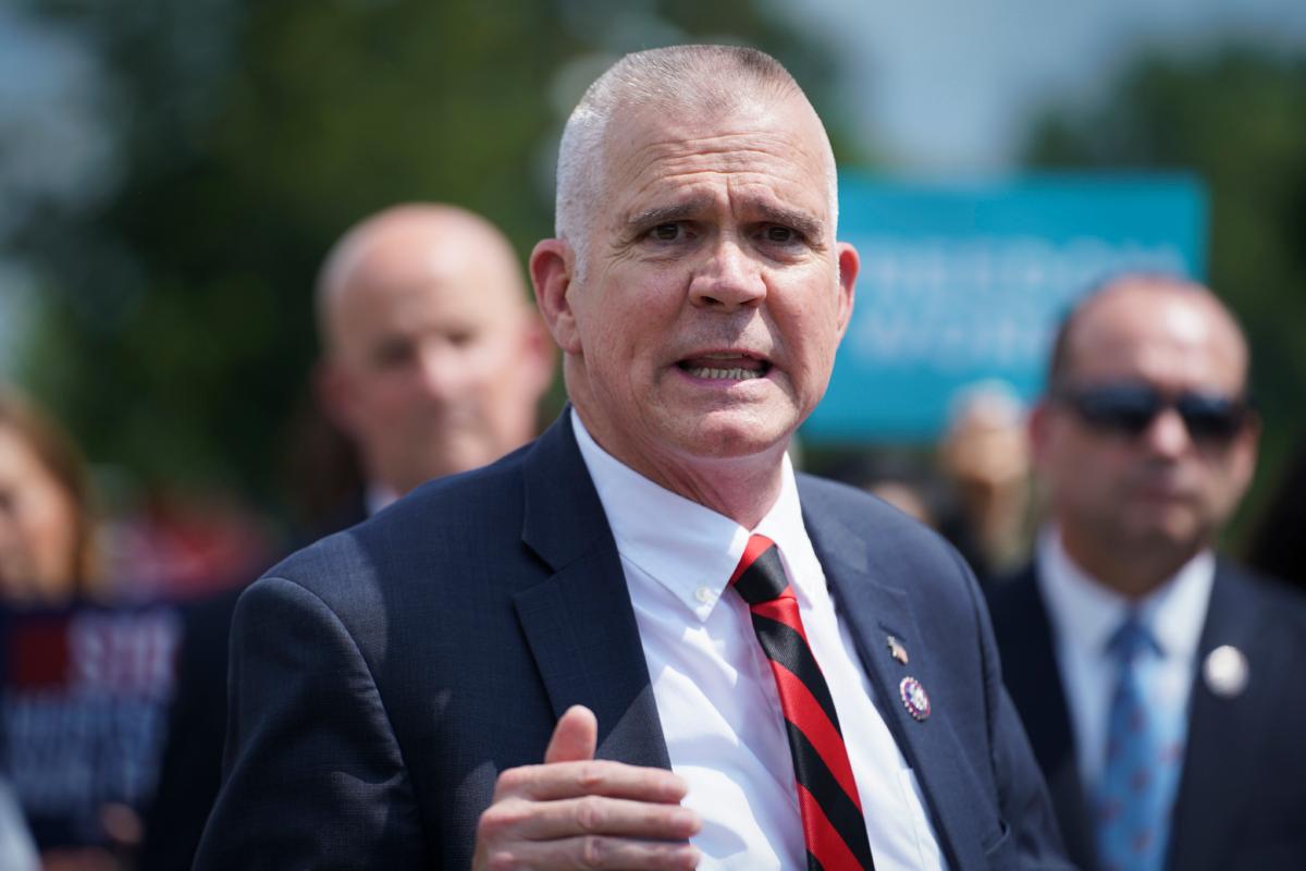  Rep. Matt Rosendale (R-Mont.) speaks during a House Freedom Caucus press conference on appropriations at House Triangle on Capitol Hill in Washington on July 25, 2023. (Madalina Vasiliu/The Epoch Times)