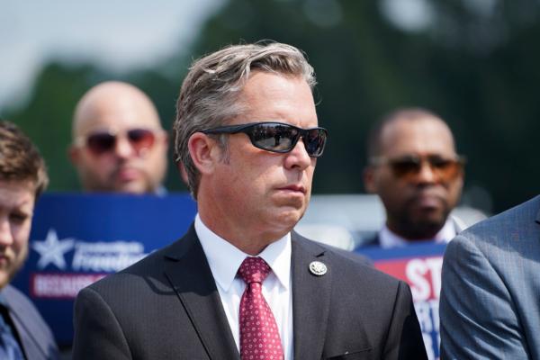 Rep. Andy Ogles (R-Tenn.) speaks during a House Freedom Caucus press conference on appropriations on Capitol Hill in Washington on July 25, 2023. (Madalina Vasiliu/The Epoch Times)