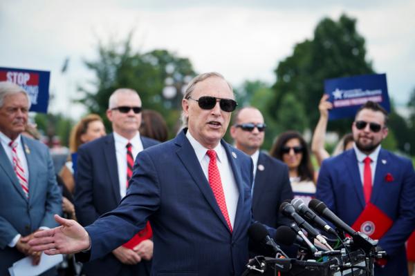 Rep. Andy Biggs (R-Ariz.) speaks during a House Freedom Caucus press conference on appropriations at House Triangle on Capitol Hill in Washington on July 25, 2023. (Madalina Vasiliu/The Epoch Times)
