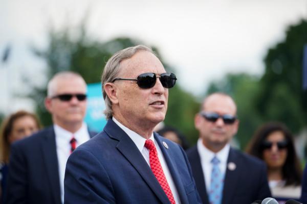 Rep. Andy Biggs (R-Ariz.) speaks during a House Freedom Caucus press conference on appropriations at House Triangle on Capitol Hill in Washington on July 25, 2023. (Madalina Vasiliu/The Epoch Times)