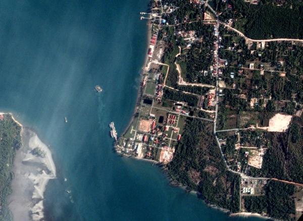 Satellite imagery of the Chinese-built Ream pier in Cambodia captured by BlackSky on June 18, 2022. (Courtesy of BlackSky)