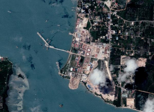 Satellite imagery of the Chinese military naval base Ream pier in Cambodia captured by BlackSky on July 13, 2023. (Courtesy of BlackSky)