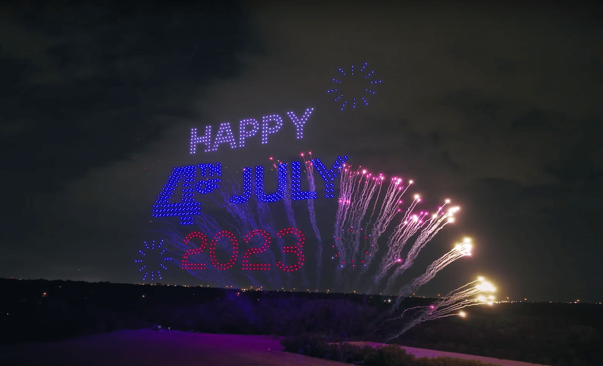 Sky Elements's drone show from July Fourth 2023 featured a formation that garnered the company the Guinness World Record for the "largest aerial sentence formed by multirotor/drones" with a message that read: "Happy 4th of July 2023." (Courtesy of <a href="https://www.youtube.com/@SkyElementsDroneShows">Sky Elements Drone Shows</a>)