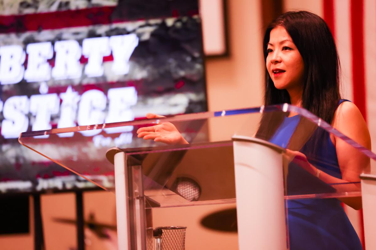 Cathy Kiang, president of Asians for Liberty, speaks at Countryside Baptist Church in Clearwater, Fla., on July 20, 2023.  (Courtesy Asians for Liberty)
