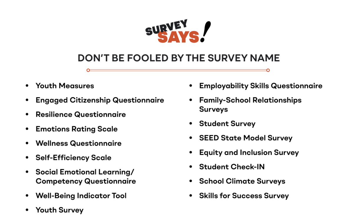 A list of some SEL surveys that are given to students. (Courtesy of Courage Is a Habit)