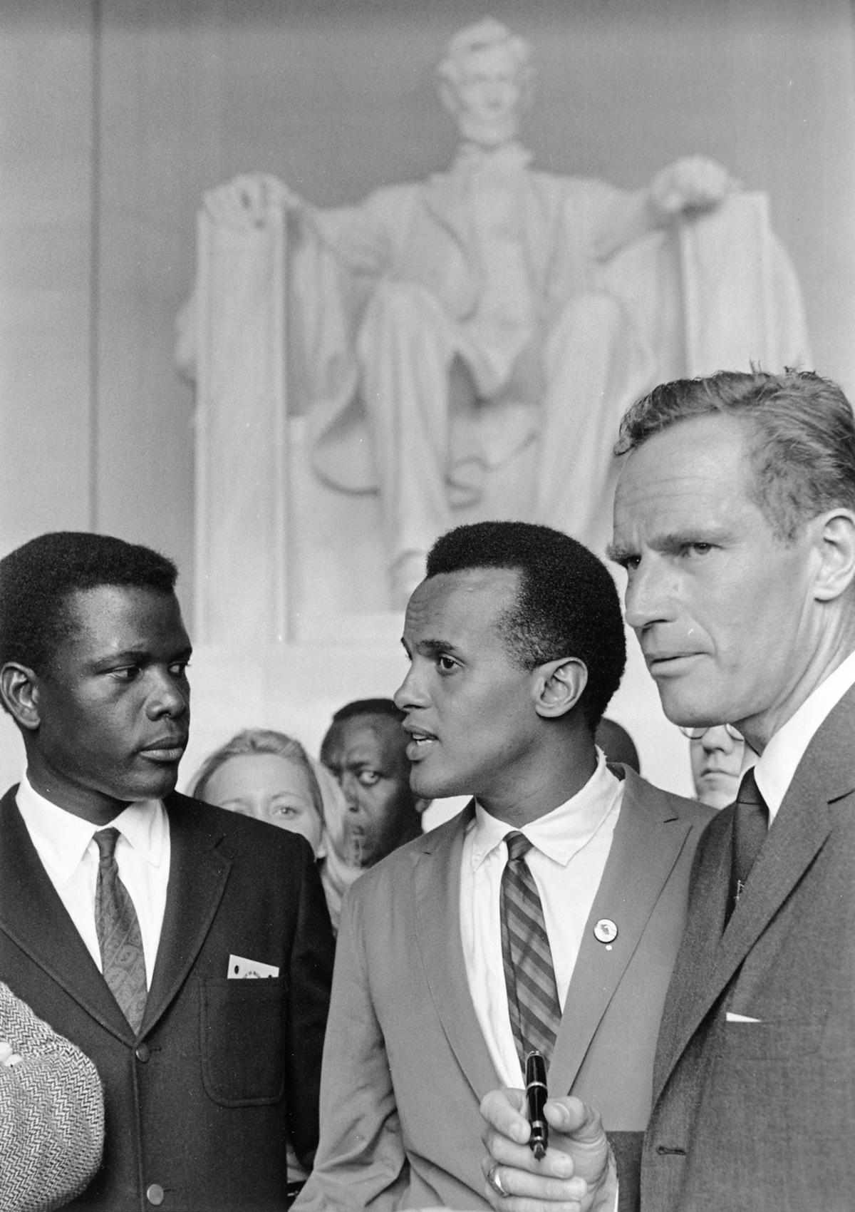 (L–R) Actors Sidney Poitier, Harry Belafonte, and Charlton Heston at the Civil Rights March on Washington, D.C., 1963. National Archives at College Park. (Public Domain)