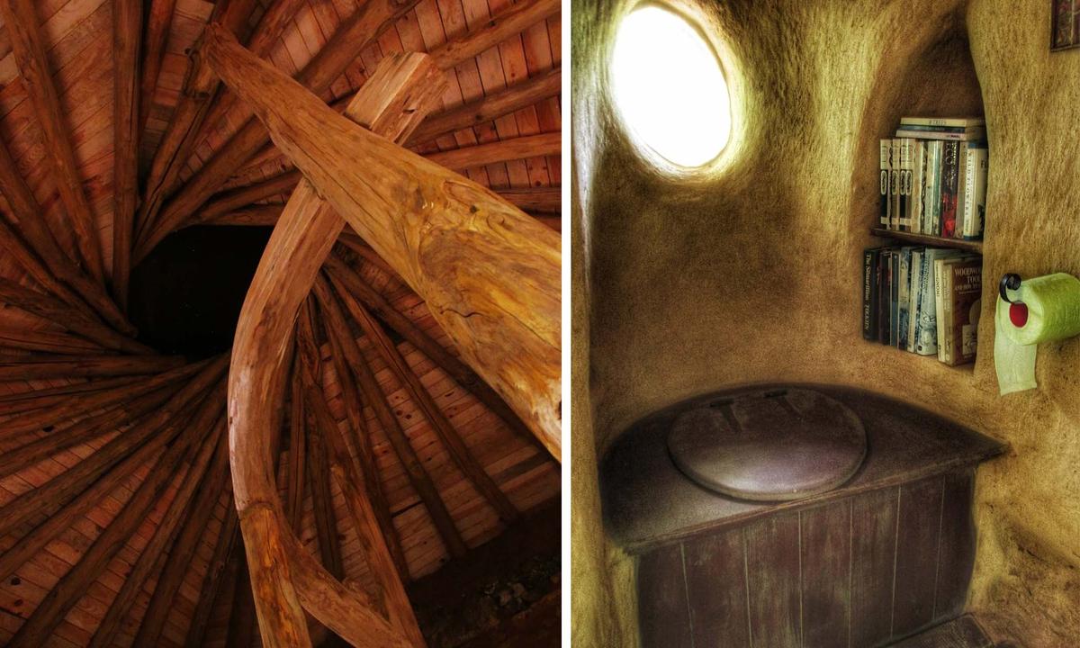 (Left) Looking up at the home's reciprocal roof from the inside; (Right) Bathroom amenities inside the "hobbit home." (Courtesy of <a href="https://www.facebook.com/katherinewyvern">Katherine Wyvern</a>)