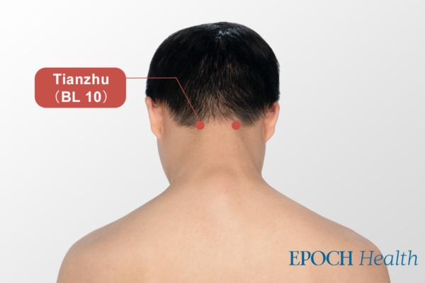Hair-nourishing acupoint on the scalp, Tianzhu (BL10). (The Epoch Times)