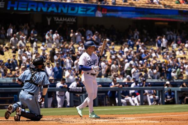 Los Angeles Dodgers' Kike Hernandez steps up to the bat during the second inning of the team's baseball game against the Toronto Blue Jays in Los Angeles on July 26, 2023. (Kyusung Gong/AP Photo)
