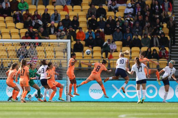 Lindsey Horan of USA heads to score her team's first goal during the FIFA Women's World Cup Australia & New Zealand 2023 Group E match between USA and Netherlands at Wellington Regional Stadium in Wellington, New Zealand, on July 27, 2023. (Catherine Ivill/Getty Images)