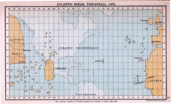 Toscanelli's notions of the geography of the Atlantic Ocean, 1474, (shown superimposed on a modern map), which directly influenced Columbus's plans.