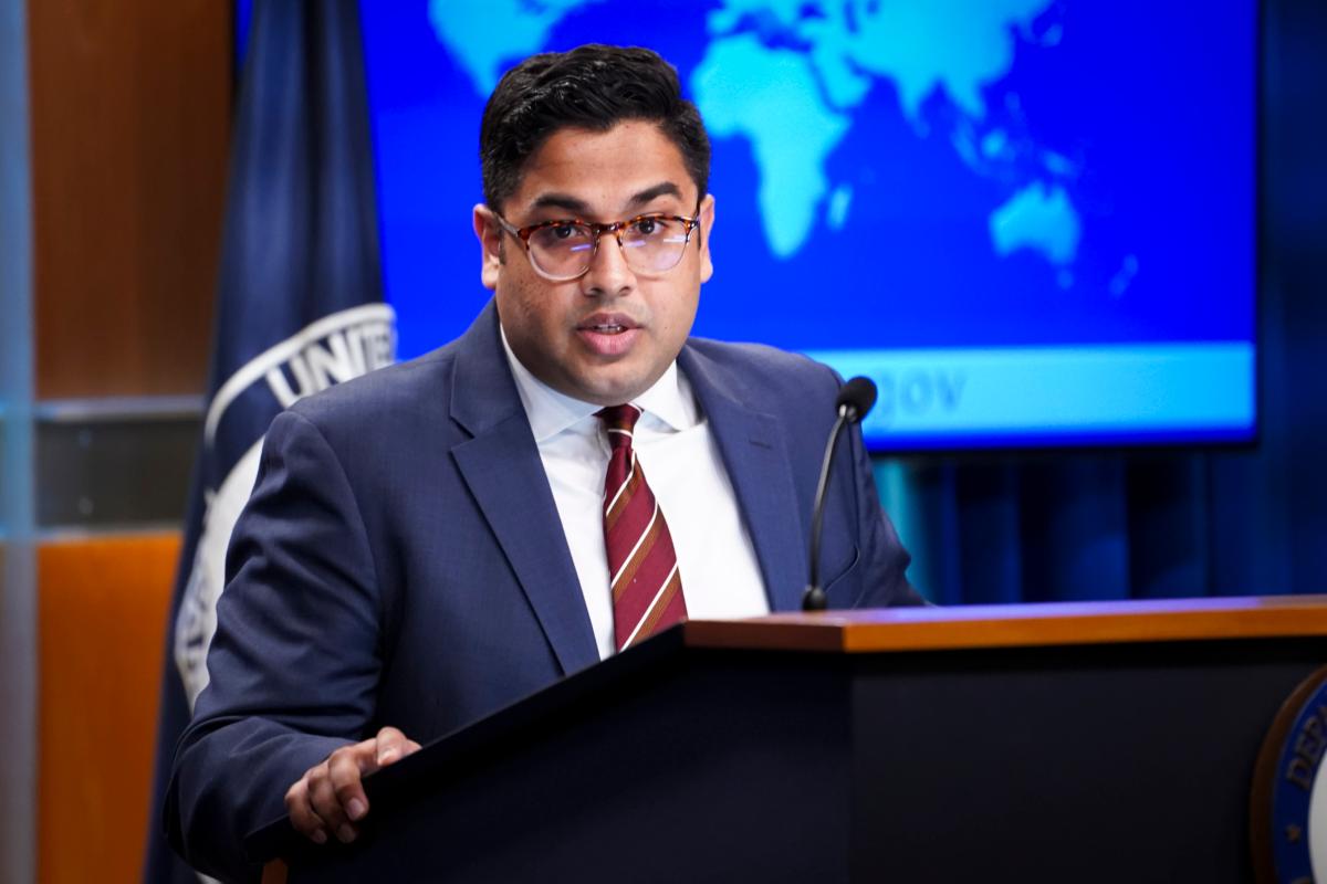 State Department spokesman Vedant Patel speaks with reporters during a press briefing at the Department of State in Washington on July 27, 2023. (Madalina Vasiliu/The Epoch Times)