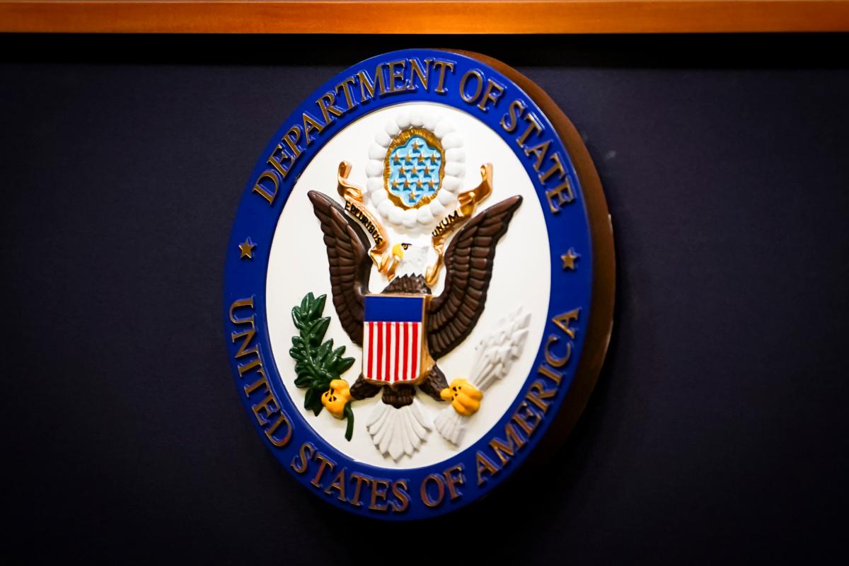 State Department podium at the Department of State briefing room in Washington on July 27, 2023. (Madalina Vasiliu/The Epoch Times)