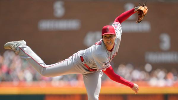 Los Angeles Angels pitcher Shohei Ohtani throws against the Detroit Tigers in the fourth inning during the first baseball game of a doubleheader in Detroit on July 27, 2023. (Paul Sancya/AP Photo)