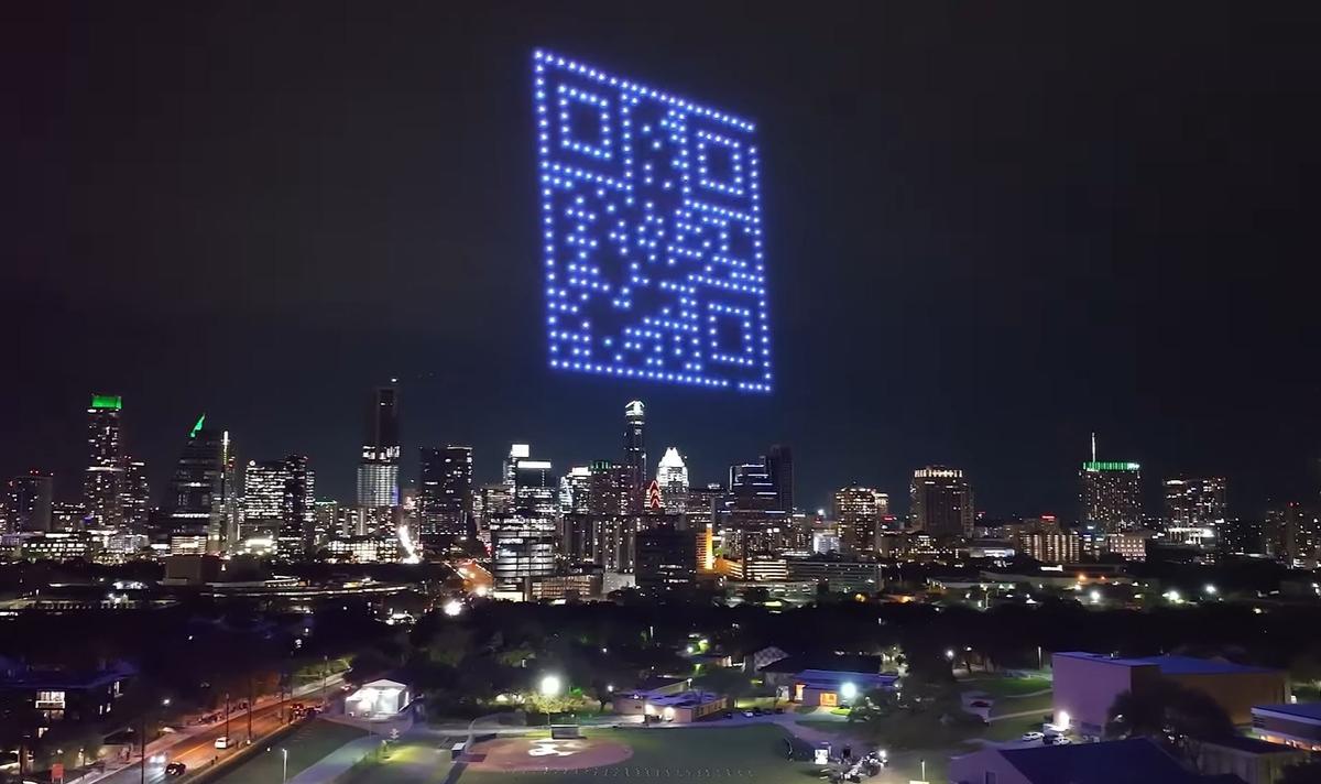 A drone show depicts a giant QR code over Austin, Texas, as part of Sky Elements's April Fool's Day gag. (Courtesy of <a href="https://www.youtube.com/@SkyElementsDroneShows">Sky Elements Drone Shows</a>)