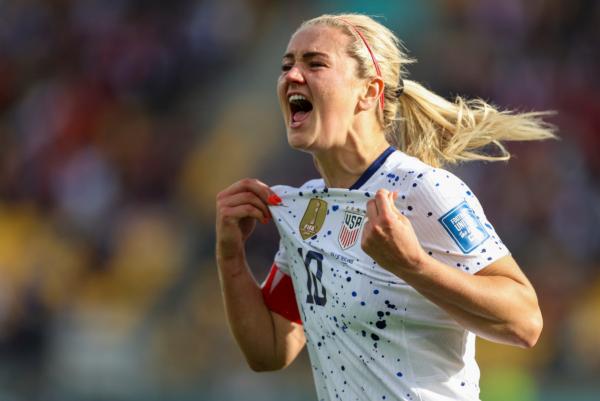 United States' Lindsey Horan celebrates her team's first US goal during the Women's World Cup Group E soccer match between the United States and the Netherlands in Wellington, New Zealand on July 27, 2023. (Alysa Rubin/AP Photo)