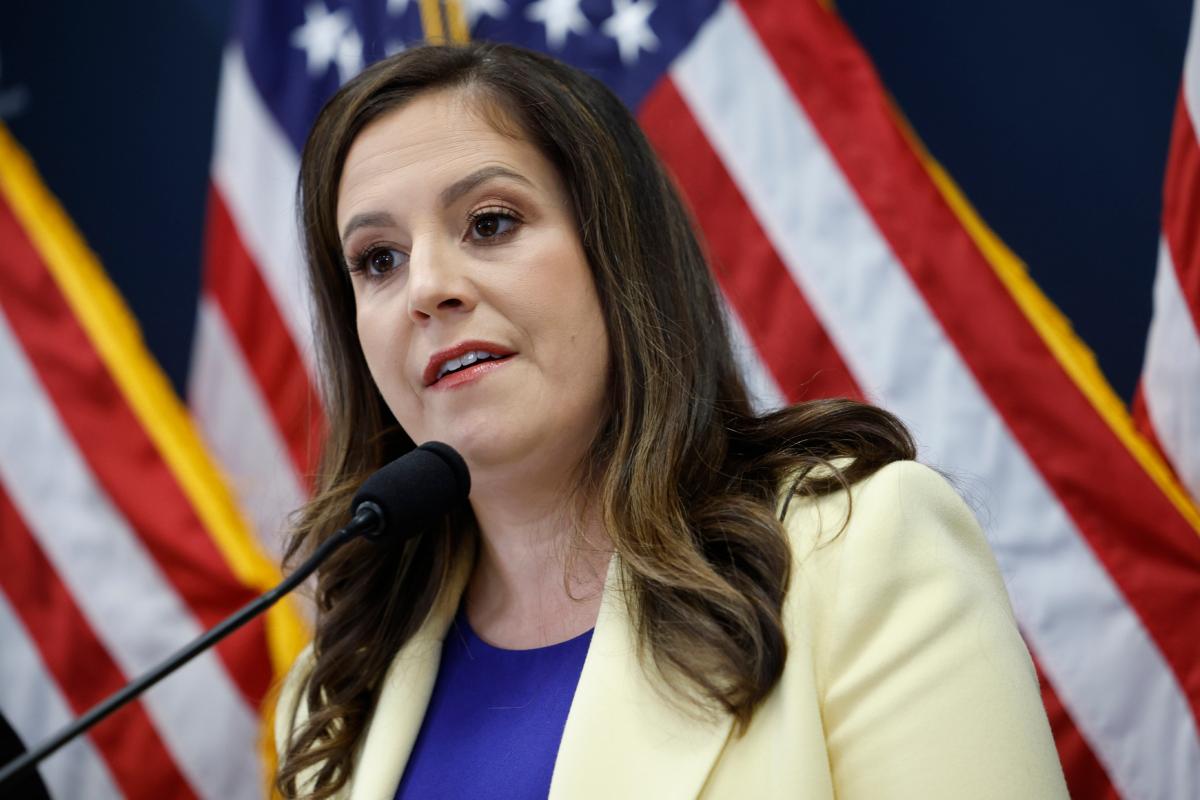 Rep. Elise Stefanik (R-N.Y.) speaks at a press conference following a House Republican caucus meeting at the U.S. Capitol in Washington on May 16, 2023. (Kevin Dietsch/Getty Images)