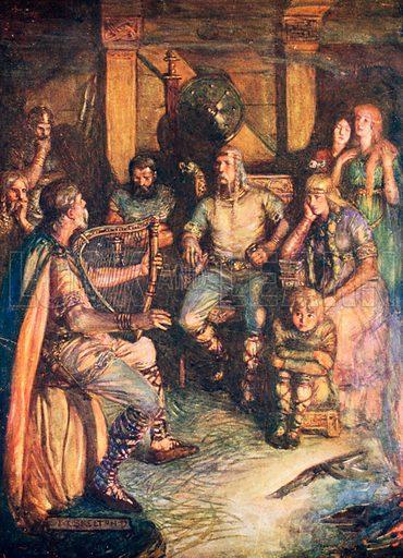 Minstrels singing the poem "Beowulf." Illustration, circa 1910, by J.R. Skelton. (Public Domain)