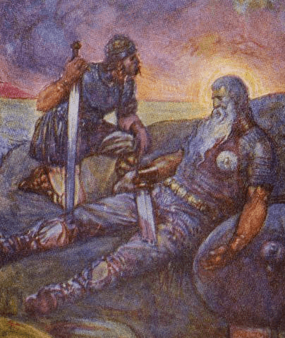 Wiglaf is the single warrior to return and witness Beowulf's death. Illustration, 1908, by J.R. Skelton. (Public Domain)