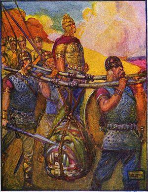 Warriors carrying the mother of Grendel. Illustration, 1908, by J.R. Skelton. (Public Domain)