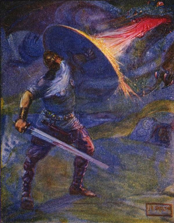 Beowulf battles his nemesis, the dragon, shown in a 1908 illustration by J.R. Skelton. (Public Domain)